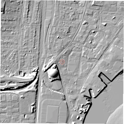 Shaded relief map of the ground around SO145AY, computed from Environment Agency LiDAR. The ground here sits at about 3 m above sea level and falls 13 m across the surrounding 800 m. Surface water reaching this point runs off ground lying to the west, 2.2 m higher.