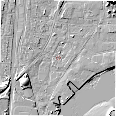 Shaded relief map of the ground around SO145BD, computed from Environment Agency LiDAR. The ground here sits at about 2 m above sea level and falls 19 m across the surrounding 800 m. Surface water reaching this point runs off ground lying to the south-west, 8.5 m higher.