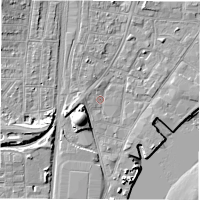 Shaded relief map of the ground around SO145BE, computed from Environment Agency LiDAR. The ground here sits at about 3 m above sea level and falls 13 m across the surrounding 800 m. Surface water reaching this point runs off ground lying to the south-west, 9.2 m higher.