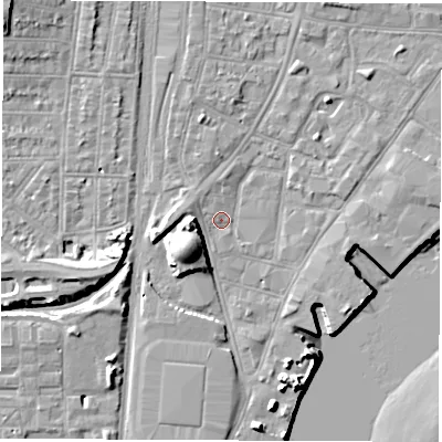 Shaded relief map of the ground around SO145BF, computed from Environment Agency LiDAR. The ground here sits at about 3 m above sea level and falls 13 m across the surrounding 800 m. Surface water reaching this point runs off ground lying to the south-west, 9.2 m higher.
