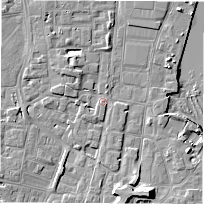 Shaded relief map of the ground around SO145BJ, computed from Environment Agency LiDAR. The ground here sits at about 4 m above sea level and falls 14 m across the surrounding 800 m. Surface water reaching this point runs off ground lying to the west-south-west, 2.9 m higher.