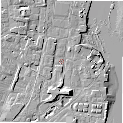 Shaded relief map of the ground around SO145BL, computed from Environment Agency LiDAR. The ground here sits at about 2 m above sea level and falls 14 m across the surrounding 800 m. Surface water reaching this point runs off ground lying to the south-south-east, 9.8 m higher.