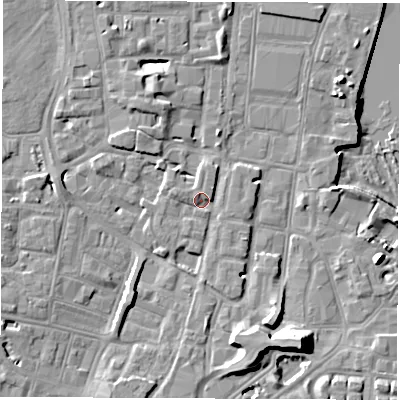 Shaded relief map of the ground around SO145BN, computed from Environment Agency LiDAR. The ground here sits at about 4 m above sea level and falls 14 m across the surrounding 800 m. Surface water reaching this point runs off ground lying to the west-north-west, 1.6 m higher.