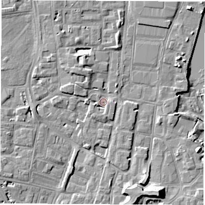 Shaded relief map of the ground around SO145BP, computed from Environment Agency LiDAR. The ground here sits at about 3 m above sea level and falls 14 m across the surrounding 800 m. Surface water reaching this point runs off ground lying to the west-south-west, 2.9 m higher.