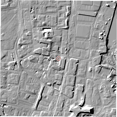 Shaded relief map of the ground around SO145BQ, computed from Environment Agency LiDAR. The ground here sits at about 3 m above sea level and falls 14 m across the surrounding 800 m. Surface water reaching this point runs off ground lying to the west-south-west, 2.9 m higher.