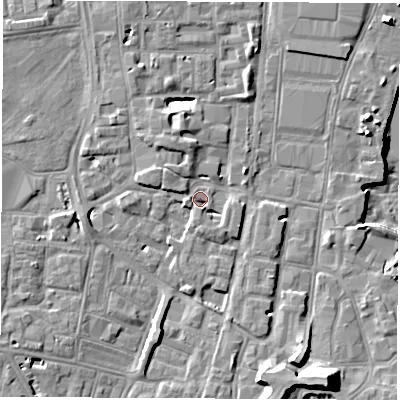 Shaded relief map of the ground around SO145BR, computed from Environment Agency LiDAR. The ground here sits at about 4 m above sea level and falls 14 m across the surrounding 800 m. Surface water reaching this point runs off ground lying to the south-south-east, 2.3 m higher.