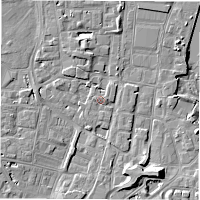 Shaded relief map of the ground around SO145BS, computed from Environment Agency LiDAR. The ground here sits at about 4 m above sea level and falls 14 m across the surrounding 800 m. Surface water reaching this point runs off ground lying to the west, 1.4 m higher.
