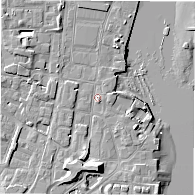 Shaded relief map of the ground around SO145BU, computed from Environment Agency LiDAR. The ground here sits at about 3 m above sea level and falls 14 m across the surrounding 800 m. Surface water reaching this point runs off ground lying to the south, 9.8 m higher.