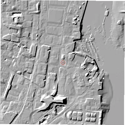 Shaded relief map of the ground around SO145BW, computed from Environment Agency LiDAR. The ground here sits at about 2 m above sea level and falls 14 m across the surrounding 800 m. Surface water reaching this point runs off ground lying to the south, 9.8 m higher.