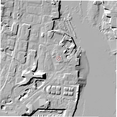 Shaded relief map of the ground around SO145BY, computed from Environment Agency LiDAR. The ground here sits at about 3 m above sea level and falls 14 m across the surrounding 800 m. Surface water reaching this point runs off ground lying to the south-west, 9.8 m higher.