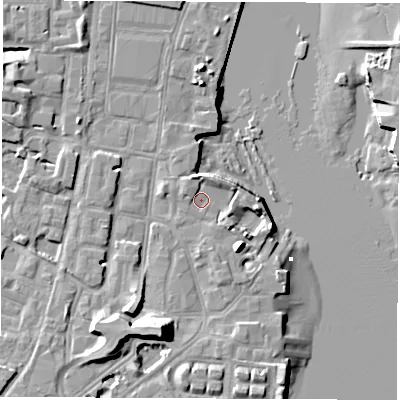 Shaded relief map of the ground around SO145BZ, computed from Environment Agency LiDAR. The ground here sits at about 2 m above sea level and falls 14 m across the surrounding 800 m. Surface water reaching this point runs off ground lying to the west-north-west, 1.5 m higher.