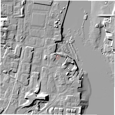 Shaded relief map of the ground around SO145DH, computed from Environment Agency LiDAR. The ground here sits at about 2 m above sea level and falls 14 m across the surrounding 800 m. Surface water reaching this point runs off ground lying to the north-east, 2.0 m higher.