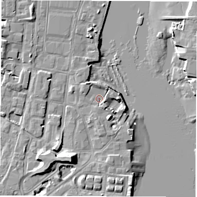 Shaded relief map of the ground around SO145DJ, computed from Environment Agency LiDAR. The ground here sits at about 2 m above sea level and falls 14 m across the surrounding 800 m. Surface water reaching this point runs off ground lying to the north, 2.5 m higher.