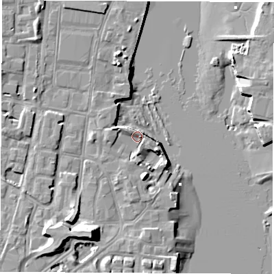 Shaded relief map of the ground around SO145DL, computed from Environment Agency LiDAR. The ground here sits at about 3 m above sea level and falls 14 m across the surrounding 800 m. Surface water reaching this point runs off ground lying to the north-west, 2.5 m higher.