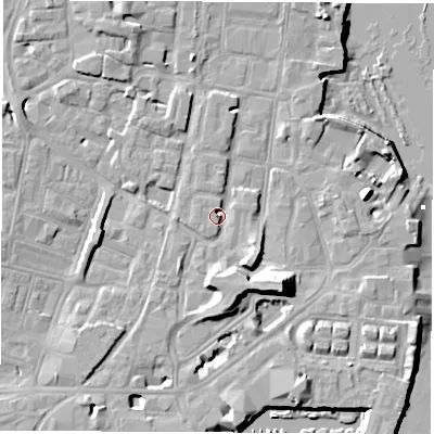 Shaded relief map of the ground around SO145FD, computed from Environment Agency LiDAR. The ground here sits at about 4 m above sea level and falls 14 m across the surrounding 800 m. Surface water reaching this point runs off ground lying to the south-east, 9.8 m higher.