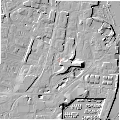 Shaded relief map of the ground around SO145FE, computed from Environment Agency LiDAR. The ground here sits at about 3 m above sea level and falls 14 m across the surrounding 800 m. Surface water reaching this point runs off ground lying to the east-south-east, 5.1 m higher.