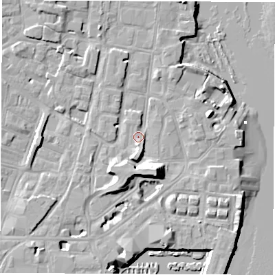 Shaded relief map of the ground around SO145FF, computed from Environment Agency LiDAR. The ground here sits at about 4 m above sea level and falls 14 m across the surrounding 800 m. Surface water reaching this point runs off ground lying to the south-south-east, 9.0 m higher.