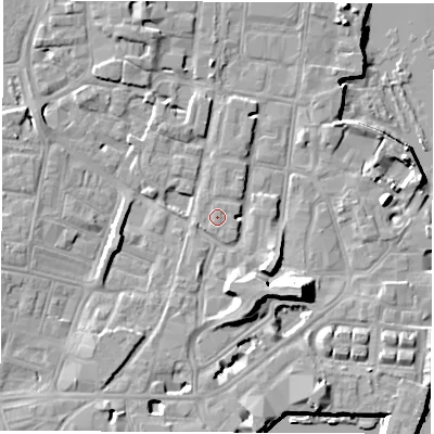 Shaded relief map of the ground around SO145FJ, computed from Environment Agency LiDAR. The ground here sits at about 4 m above sea level and falls 14 m across the surrounding 800 m. Surface water reaching this point runs off ground lying to the south-east, 0.6 m higher.