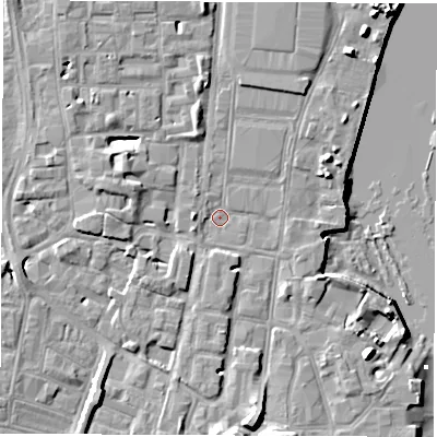 Shaded relief map of the ground around SO145FN, computed from Environment Agency LiDAR. The ground here sits at about 2 m above sea level and falls 10 m across the surrounding 800 m. Surface water reaching this point runs off ground lying to the west-north-west, 5.0 m higher.