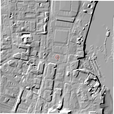 Shaded relief map of the ground around SO145FQ, computed from Environment Agency LiDAR. The ground here sits at about 3 m above sea level and falls 14 m across the surrounding 800 m. Surface water reaching this point runs off ground lying to the south, 9.8 m higher.