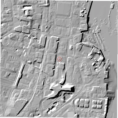 Shaded relief map of the ground around SO145FR, computed from Environment Agency LiDAR. The ground here sits at about 3 m above sea level and falls 14 m across the surrounding 800 m. Surface water reaching this point runs off ground lying to the south-south-east, 9.8 m higher.