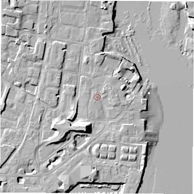 Shaded relief map of the ground around SO145FZ, computed from Environment Agency LiDAR. The ground here sits at about 3 m above sea level and falls 14 m across the surrounding 800 m. Surface water reaching this point runs off ground lying to the south-south-west, 9.8 m higher.
