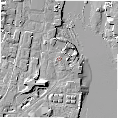 Shaded relief map of the ground around SO145GA, computed from Environment Agency LiDAR. The ground here sits at about 3 m above sea level and falls 14 m across the surrounding 800 m. Surface water reaching this point runs off ground lying to the south, 0.7 m higher.