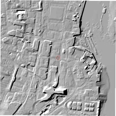 Shaded relief map of the ground around SO145GB, computed from Environment Agency LiDAR. The ground here sits at about 2 m above sea level and falls 14 m across the surrounding 800 m. Surface water reaching this point runs off ground lying to the south, 9.8 m higher.