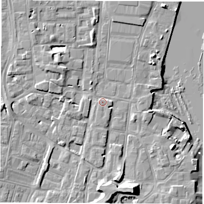 Shaded relief map of the ground around SO145GL, computed from Environment Agency LiDAR. The ground here sits at about 4 m above sea level and falls 14 m across the surrounding 800 m. Surface water reaching this point runs off ground lying to the south-south-east, 9.8 m higher.