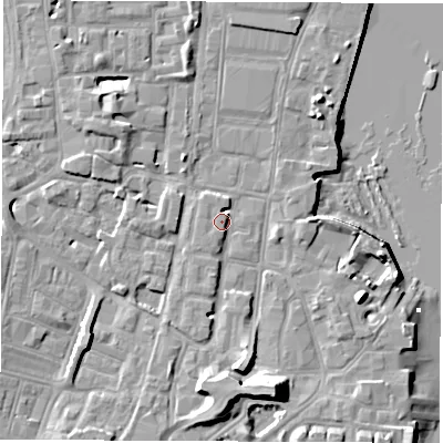 Shaded relief map of the ground around SO145GN, computed from Environment Agency LiDAR. The ground here sits at about 4 m above sea level and falls 14 m across the surrounding 800 m. Surface water reaching this point runs off ground lying to the south-south-east, 9.8 m higher.