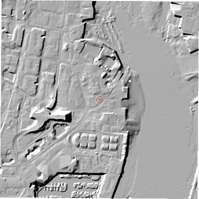 Shaded relief map of the ground around SO145GZ, computed from Environment Agency LiDAR. The ground here sits at about 3 m above sea level and falls 14 m across the surrounding 800 m. Surface water reaching this point runs off ground lying to the south, 1.6 m higher.