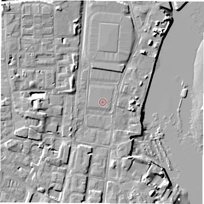Shaded relief map of the ground around SO145JP, computed from Environment Agency LiDAR. The ground here sits at about 3 m above sea level and falls 10 m across the surrounding 800 m. The ground contributing surface water to this point lies to the north-west.