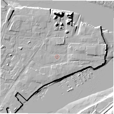 Shaded relief map of the ground around SO145QA, computed from Environment Agency LiDAR. The ground here sits at about 2 m above sea level and falls 20 m across the surrounding 800 m. Surface water reaching this point runs off ground lying to the east-north-east, 2.2 m higher.