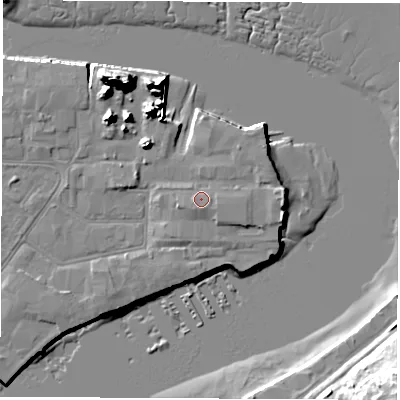 Shaded relief map of the ground around SO145QE, computed from Environment Agency LiDAR. The ground here sits at about 4 m above sea level and falls 22 m across the surrounding 800 m. Surface water reaching this point runs off ground lying to the south, 1.0 m higher.