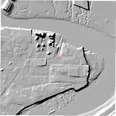 Shaded relief map of the ground around SO145QF, computed from Environment Agency LiDAR. The ground here sits at about 3 m above sea level and falls 20 m across the surrounding 800 m. Surface water reaching this point runs off ground lying to the east, 1.5 m higher.
