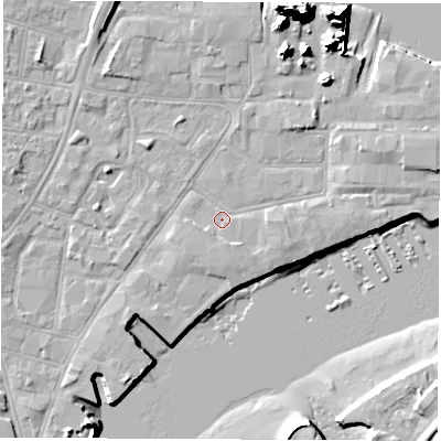 Shaded relief map of the ground around SO145QH, computed from Environment Agency LiDAR. The ground here sits at about 2 m above sea level and falls 20 m across the surrounding 800 m. Surface water reaching this point runs off ground lying to the east-north-east, 2.2 m higher.