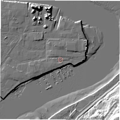 Shaded relief map of the ground around SO145QL, computed from Environment Agency LiDAR. The ground here sits at about 3 m above sea level and falls 34 m across the surrounding 800 m. Surface water reaching this point runs off ground lying to the south-west, 0.9 m higher.