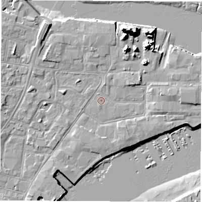 Shaded relief map of the ground around SO145QN, computed from Environment Agency LiDAR. The ground here sits at about 2 m above sea level and falls 20 m across the surrounding 800 m. Surface water reaching this point runs off ground lying to the north-north-east, 15.8 m higher.