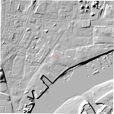 Shaded relief map of the ground around SO145QQ, computed from Environment Agency LiDAR. The ground here sits at about 3 m above sea level and falls 16 m across the surrounding 800 m. Surface water reaching this point runs off ground lying to the south-south-west, 0.6 m higher.