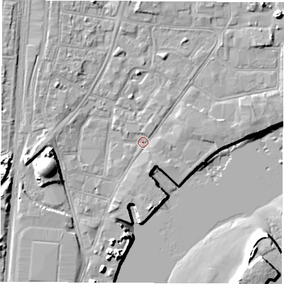 Shaded relief map of the ground around SO145QR, computed from Environment Agency LiDAR. The ground here sits at about 2 m above sea level and falls 13 m across the surrounding 800 m. Surface water reaching this point runs off ground lying to the west-south-west, 9.2 m higher.