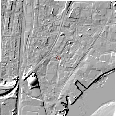 Shaded relief map of the ground around SO145QS, computed from Environment Agency LiDAR. The ground here sits at about 2 m above sea level and falls 13 m across the surrounding 800 m. Surface water reaching this point runs off ground lying to the south-west, 8.5 m higher.