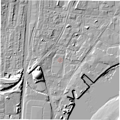 Shaded relief map of the ground around SO145QT, computed from Environment Agency LiDAR. The ground here sits at about 2 m above sea level and falls 13 m across the surrounding 800 m. Surface water reaching this point runs off ground lying to the south-west, 9.2 m higher.