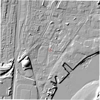 Shaded relief map of the ground around SO145QU, computed from Environment Agency LiDAR. The ground here sits at about 2 m above sea level and falls 13 m across the surrounding 800 m. Surface water reaching this point runs off ground lying to the west-south-west, 9.2 m higher.