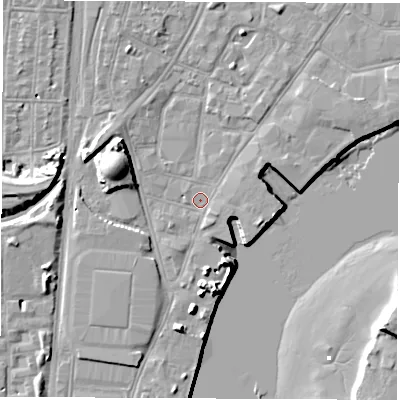 Shaded relief map of the ground around SO145QW, computed from Environment Agency LiDAR. The ground here sits at about 3 m above sea level and falls 13 m across the surrounding 800 m. Surface water reaching this point runs off ground lying to the west-north-west, 9.2 m higher.