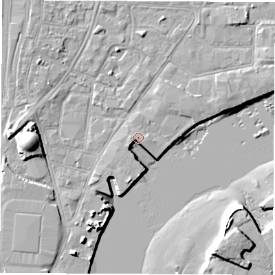 Shaded relief map of the ground around SO145QY, computed from Environment Agency LiDAR. The ground here sits at about 3 m above sea level and falls 13 m across the surrounding 800 m. Surface water reaching this point runs off ground lying to the west-south-west, 5.2 m higher.