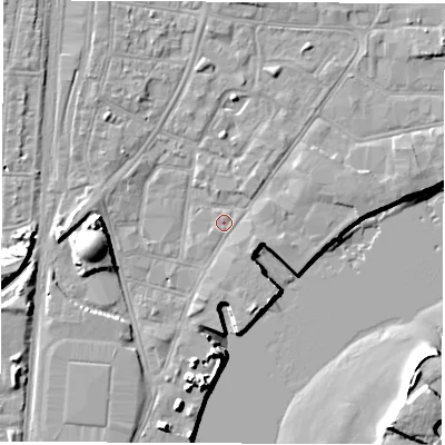 Shaded relief map of the ground around SO145RB, computed from Environment Agency LiDAR. The ground here sits at about 2 m above sea level and falls 13 m across the surrounding 800 m. Surface water reaching this point runs off ground lying to the west, 9.2 m higher.