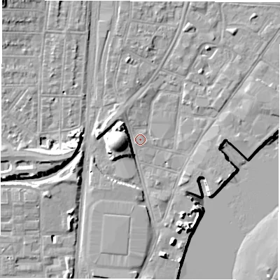Shaded relief map of the ground around SO145RH, computed from Environment Agency LiDAR. The ground here sits at about 3 m above sea level and falls 13 m across the surrounding 800 m. Surface water reaching this point runs off ground lying to the west, 7.2 m higher.