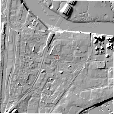 Shaded relief map of the ground around SO145RP, computed from Environment Agency LiDAR. The ground here sits at about 3 m above sea level and falls 20 m across the surrounding 800 m. Surface water reaching this point runs off ground lying to the west-north-west, 2.0 m higher.