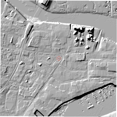 Shaded relief map of the ground around SO145RS, computed from Environment Agency LiDAR. The ground here sits at about 2 m above sea level and falls 20 m across the surrounding 800 m. Surface water reaching this point runs off ground lying to the west-south-west, 1.6 m higher.