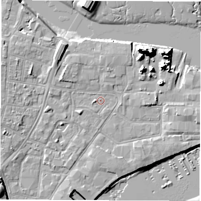 Shaded relief map of the ground around SO145RT, computed from Environment Agency LiDAR. The ground here sits at about 2 m above sea level and falls 20 m across the surrounding 800 m. Surface water reaching this point runs off ground lying to the west-south-west, 1.6 m higher.